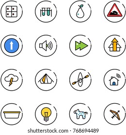 line vector icon set - baggage room vector, vial, pear, steep descent road sign, only forward, volume max, fast, arrows up, storm, tent, kayak, wireless home, basin, bulb, toy horse, bow