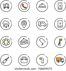 line vector icon set - baggage vector, phone, client bell, mobile payment, money rain, dollar pin, encashment car, gear globe, open, fretsaw, plumber, screwdriver, tool box, allen key, truck toy