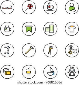 line vector icon set - baggage truck vector, lollipop, tea, user login, hot, flag, building, t shirt, bezier, mason hammer, plumber, rivet, machine tool, allen key set, sailboat toy, robot