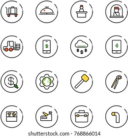 line vector icon set - baggage vector, client bell, recieptionist, officer window, fork loader, mobile payment, money rain, click, gear globe, rubber hammer, plumber, tool box, stapler, allen key