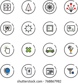 line vector icon set - baggage room vector, christmas tree, firework, bow message, virus, safe, hand touch, delete cross, car, drink, globe, power bank, terms plan, no signal