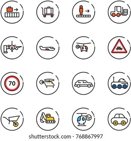 line vector icon set - baggage vector, travolator, fork loader, boarding passengers, small plane, helicopter, road for moto sign, speed limit 70, limousine, moon rover, wheelbarrow, excavator toy