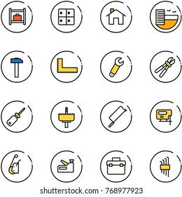 line vector icon set - baggage room vector, home, hotel, hammer, corner ruler, wrench, bolt cutter, screwdriver, crown drill, metal hacksaw, jig saw, winch, stapler, tool box, allen key set