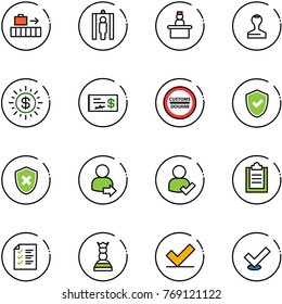 line vector icon set - baggage vector, metal detector gate, recieptionist, stamp, dollar sun, check, customs road sign, shield, cross, user login, clipboard, list, chess queen