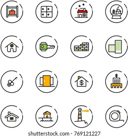 line vector icon set - baggage room vector, house, snowball, home, key, brick wall, building, doors, dollar, bank, bungalow, lighthouse, measuring tape