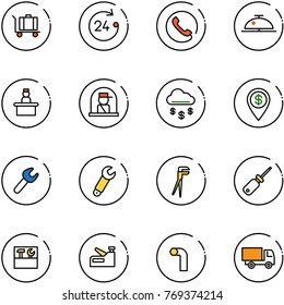 line vector icon set - baggage vector, 24 hours, phone, client bell, recieptionist, officer window, money rain, dollar pin, wrench, plumber, screwdriver, tool box, stapler, allen key, truck toy