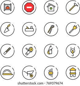 line vector icon set - baggage room vector, no way road sign, home, mason hammer, trowel, jointer, plumber, wood drill, Angular grinder, winch, construction helmet, wheelbarrow, allen key set