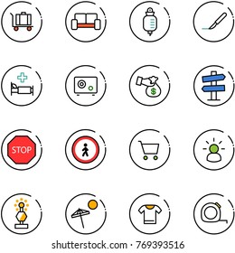 line vector icon set - baggage vector, vip waiting area, drop counter, scalpel, hospital bed, safe, encashment, road signpost sign, stop, no pedestrian, cart, idea, award, beach, t shirt
