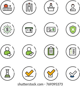 line vector icon set - baggage vector, metal detector gate, recieptionist, stamp, dollar sun, receipt, check, shield cross, user login, clipboard, list, chess queen
