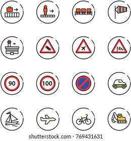 line vector icon set - baggage vector, travolator, waiting area, side wind, airport building, multi lane traffic road sign, speed limit 90, 100, no parking, car, sail boat, plane, bike