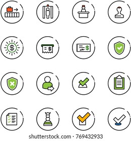 line vector icon set - baggage vector, metal detector gate, recieptionist, stamp, dollar sun, receipt, check, shield, cross, user login, clipboard, list, chess queen