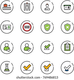 line vector icon set - baggage vector, metal detector gate, stamp, receipt, check, customs road sign, shield, cross, user login, clipboard, chess queen