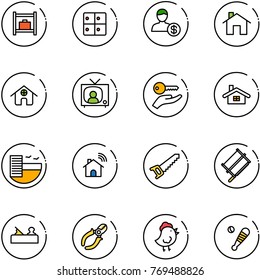 line vector icon set - baggage room vector, account, home, tv news, key hand, hotel, wireless, saw, bucksaw, jointer, side cutters, chicken toy, baseball bat