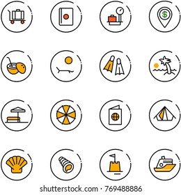 line vector icon set - baggage vector, passport, scales, dollar pin, coconut cocktail, lounger, flippers, palm, inflatable pool, parasol, tent, shell, sand castle, cruiser