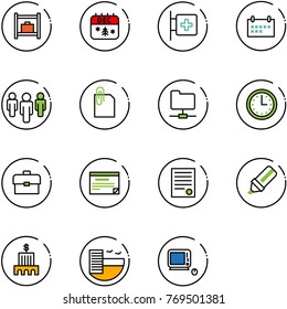 line vector icon set - baggage room vector, christmas calendar, first aid, schedule, group, attachment, network folder, time, portfolio, agreement, highlight marker, bank building, hotel