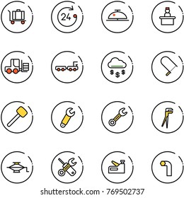 line vector icon set - baggage vector, 24 hours, client bell, recieptionist, fork loader, truck, money rain, fretsaw, rubber hammer, wrench, plumber, jack, screwdriver, stapler, allen key