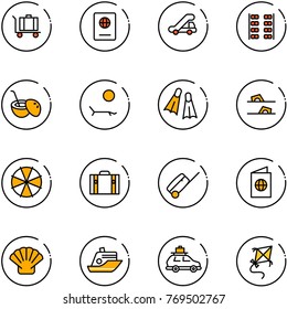 line vector icon set - baggage vector, passport, trap truck, plane seats, coconut cocktail, lounger, flippers, flip flops, parasol, suitcase, shell, cruiser, car, kite