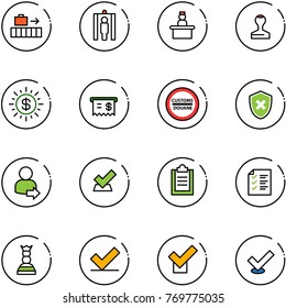 line vector icon set - baggage vector, metal detector gate, recieptionist, stamp, dollar sun, receipt, customs road sign, shield cross, user login, check, clipboard, list, chess queen