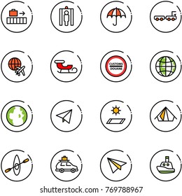 line vector icon set - baggage vector, metal detector gate, truck, plane globe, sleigh, customs road sign, paper fly, mat, tent, kayak, car, toy boat