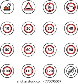 line vector icon set - baggage scales vector, artificial unevenness road sign, limited height, distance, speed limit 10, 20, 30, 40, 50, 60, 80, 90, 100, 110, 120, end