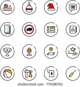 line vector icon set - baggage vector, christmas ball, hat, bow message, breads, no truck road sign, menu, contact book, gold cup, microphone, mat, palm, ship bell, power bank, awl