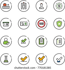 line vector icon set - baggage vector, metal detector gate, stamp, dollar sun, receipt, check, customs road sign, shield cross, user, clipboard, list, chess queen