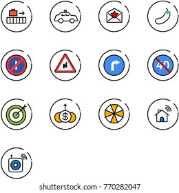 line vector icon set - baggage vector, safety car, star letter, eggplant, no parkin odd, abrupt turn right road sign, only, end minimal speed limit, target, dollar growth, parasol, wireless home