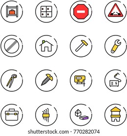 line vector icon set - baggage room vector, no way road sign, drawbridge, limit, home, hammer, wrench, plumber, screw, jig saw, welding, tool box, allen key set, constructor blocks, toy block house