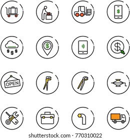 line vector icon set - baggage vector, baby room, fork loader, mobile payment, money rain, dollar pin, click, open, plumber, jack, wrench screwdriver, tool box, allen key, truck toy