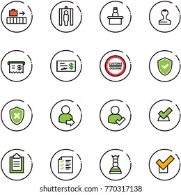 line vector icon set - baggage vector, metal detector gate, recieptionist, stamp, receipt, check, customs road sign, shield, cross, user login, clipboard, list, chess queen