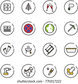 line vector icon set - baggage room vector, christmas tree, wine glasses, ruble, dollar, no stop road sign, globe, job, feet, grill, bucksaw, basin, drill, dinosaur toy, baseball bat, soother