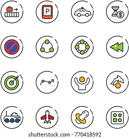 line vector icon set - baggage vector, parking sign, safety car, account history, no road, social, friends, fast backward, target, chart point arrow, success, dolphin, moon rover, toy plane, soother