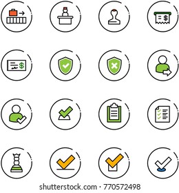 line vector icon set - baggage vector, recieptionist, stamp, receipt, check, shield, cross, user login, clipboard, list, chess queen