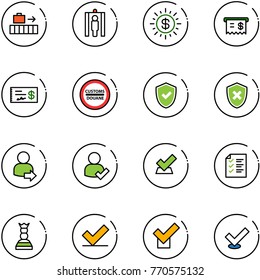 line vector icon set - baggage vector, metal detector gate, dollar sun, receipt, check, customs road sign, shield, cross, user login, list, chess queen