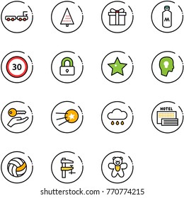 line vector icon set - baggage truck vector, christmas tree, gift, milk, speed limit 30 road sign, locked, star, head bulb, key hand, first satellite, rain cloud, sea hotel, volleyball, clamp