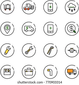 line vector icon set - baggage vector, fork loader, mobile payment, money rain, dollar pin, encashment car, click, wrench, plumber, jack, tool box, allen key, truck toy