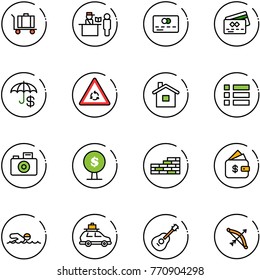 line vector icon set - baggage vector, passport control, credit card, insurance, round motion road sign, home, menu, camera, money tree, brick wall, finance management, swimming, car, guitar, bow