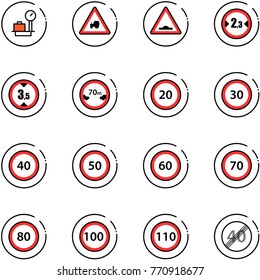 line vector icon set - baggage scales vector, tractor way road sign, artificial unevenness, limited width, height, distance, speed limit 20, 30, 40, 50, 60, 70, 80, 100, 110, end