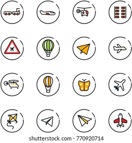 line vector icon set - baggage truck vector, small plane, helicopter, seats, airport road sign, air balloon, paper fly, butterfly, kite, toy