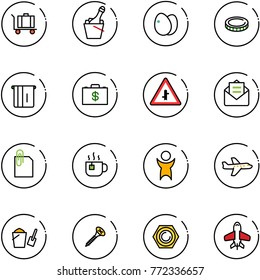 line vector icon set - baggage vector, champagne, eggs, coin, atm, money case, intersection road sign, opened mail, attachment, hot tea, success, plane, bucket scoop, screw, nut, toy