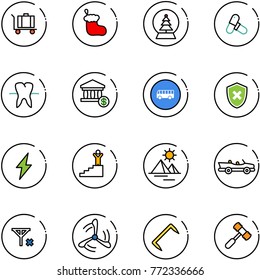 line vector icon set - baggage vector, christmas sock, snowball tree, pills, tooth, account, bus road sign, shield cross, lightning, success, pyramid, cabrio, no signal, wind mill, staple