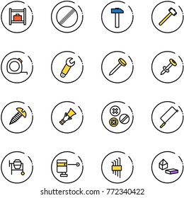 line vector icon set - baggage room vector, no limit road sign, hammer, sledgehammer, measuring tape, wrench, nail, dowel, screw, rivet, metal hacksaw, cocncrete mixer, laser lever, allen key set