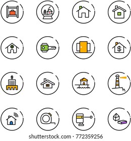line vector icon set - baggage room vector, snowball house, home, key, doors, dollar, bank building, bungalow, lighthouse, wireless, measuring tape, laser lever, constructor blocks
