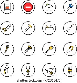 line vector icon set - baggage room vector, no way road sign, home, wrench, saw, hammer, jointer, chisel, plumber, screw, wood drill, tile, winch, wheelbarrow, allen key set