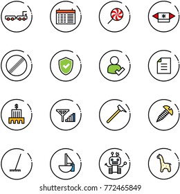 line vector icon set - baggage truck vector, schedule, lollipop, candy, no limit road sign, shield check, user, document, bank building, fine signal, mason hammer, screw, rake, sailboat toy, robot