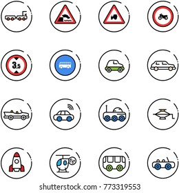 line vector icon set - baggage truck vector, embankment road sign, tractor way, no moto, limited height, bus, car, limousine, cabrio, wireless, moon rover, jack, rocket, helicopter toy