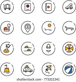 line vector icon set - baggage vector, passport, trap truck, scales, dollar pin, lounger, palm, flip flops, swimsuit, parasol, sand castle, car, kite, beach ball