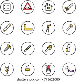 line vector icon set - baggage room vector, drawbridge road sign, home, saw, level, corner ruler, plumber, nail, screw, drill, tile, winch, allen key set, pyramid toy, constructor blocks