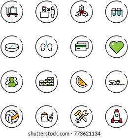line vector icon set - baggage vector, passport control, holly, vial, pill, lungs, credit card, heart, group, brick wall, watermelone, swimming, volleyball, bucket scoop, wrench hammer, rocket