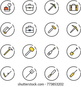 line vector icon set - baggage scales vector, portfolio, job, suitcase, case, hammer, axe, mason, rubber, chisel, shovel, scythe, farm fork, rasp, awl
